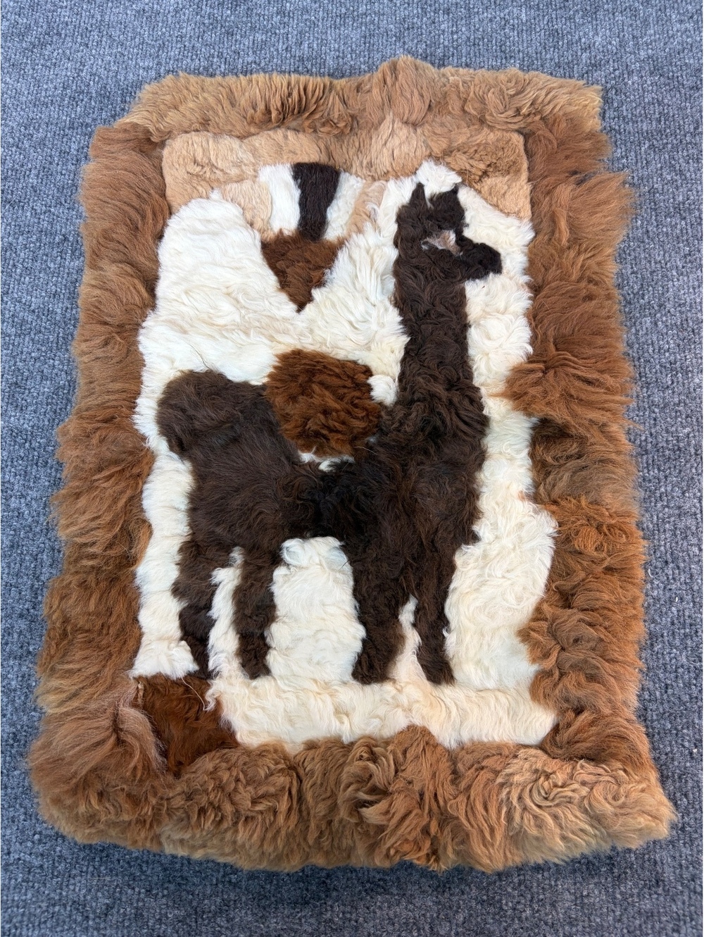 Handmade alpaca Fur Animal Print Llama Design Rug, Vintage Retro 13” x 20”